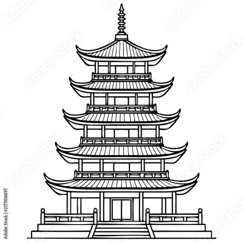 Traditional Japanese Five-Story Pagoda Line Art Illustration