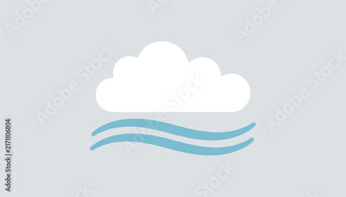 Elegant minimalist white cloud icon situated above light blue wavy lines representing fog on a simple light grey background.