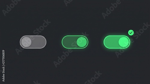 Toggle switch user interface elements with glowing green state indicators displayed on dark grey background
