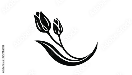 Minimalist black silhouette vector of two elegant tulip flower buds and a sweeping leaf on a clean white background.