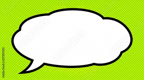 Empty comic speech bubble with thick black outlines on a vibrant retro green halftone background