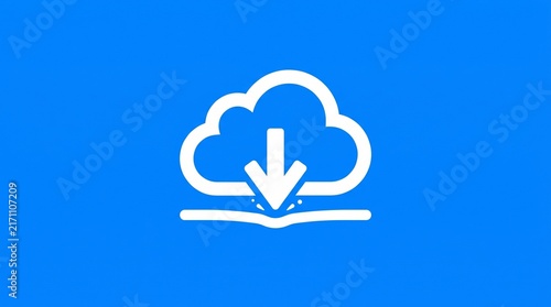 Minimalist white cloud download icon centered on a vibrant blue background representing modern digital data transfer