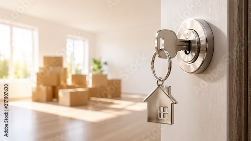 Moving into new house real estate concept featuring a door key, house keychain and packed boxes inside a bright residence.