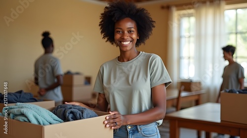 A young Black woman smiles while holding a box of donated clothes, showcasing joy and community spirit.