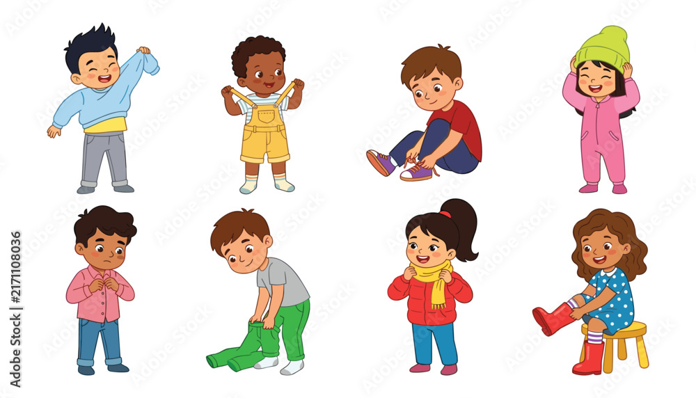 Fototapeta premium Diverse Cute Children Getting Dressed Vector Illustration Set with Happy Kids Putting on Clothes Shoes and Winter Hats Independently