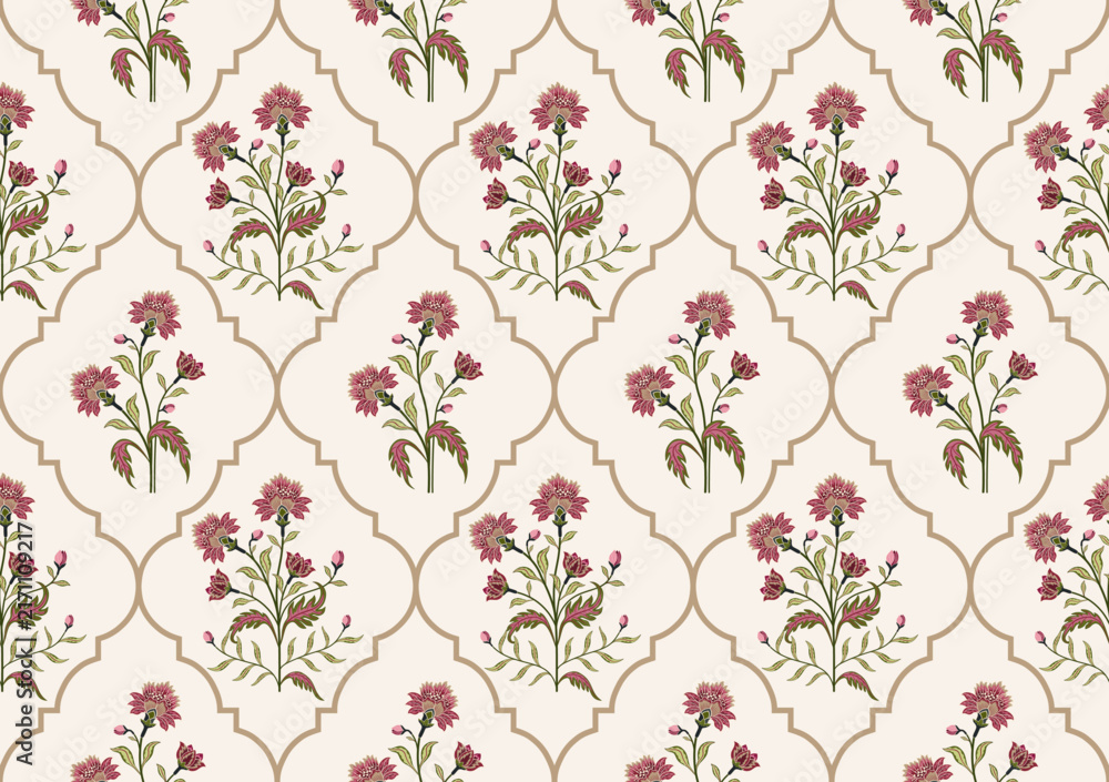 Fototapeta premium Vector Hand drawn colourful geometric flowers Motifs, textiles, wallpaper,clothing, wrapping paper, backdrop, banner, African boho paisley, seamless patterns, traditional, vintage, with floral for fab