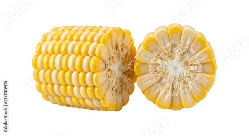 Canvastavla Fresh corn cob cut into two pieces with bright yellow kernels isolated on transparent background