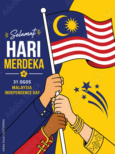 Malaysia independence day vector illustration featuring hands holding the national flag with vibrant patriotic design elements