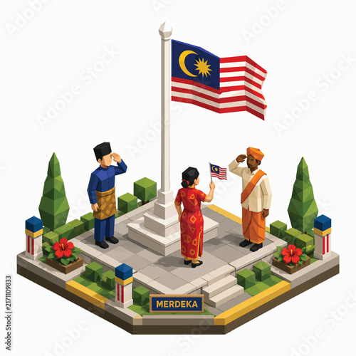 Malaysian people saluting the national flag in an isometric vector graphic style for independence day celebration