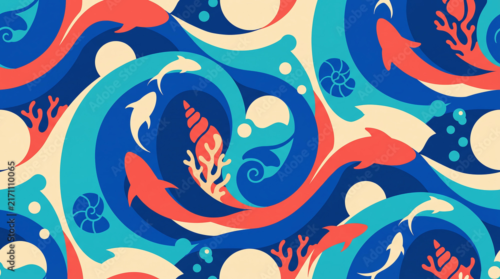 Seamless ocean wave pattern featuring swimming fish and coral reef elements in blue and red tones