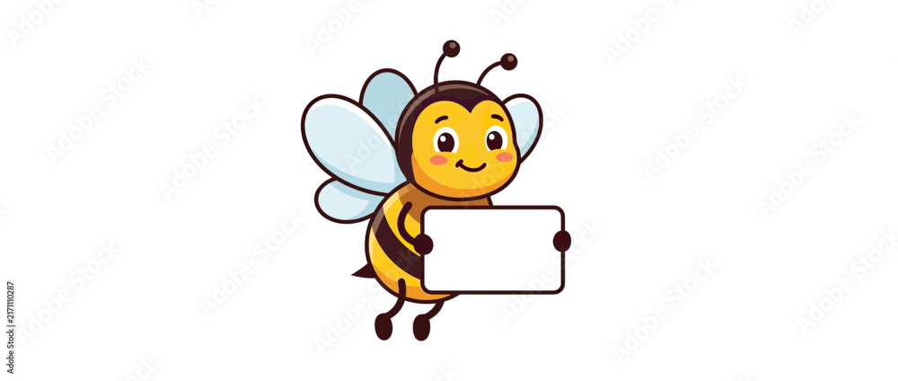 Fototapeta premium Cute cartoon bee character holding blank sign isolated