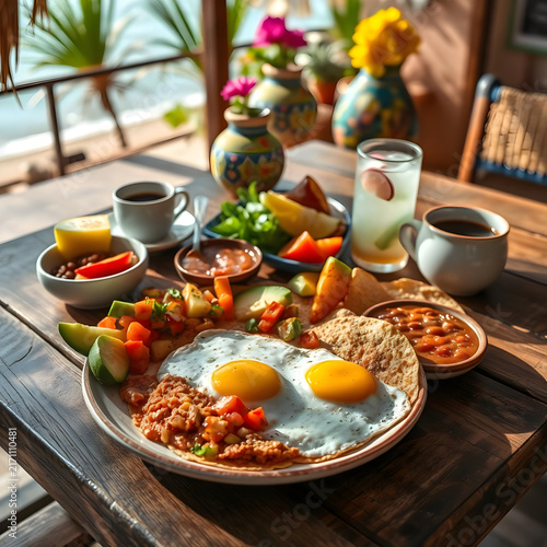Authentic Coastal Mexican Breakfast with Huevos Rancheros, Refried Beans, Avocado, Tortillas and Tropical Fruit