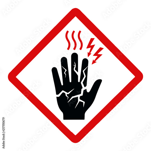 Foto Red warning sign with black hand and steam, isolated