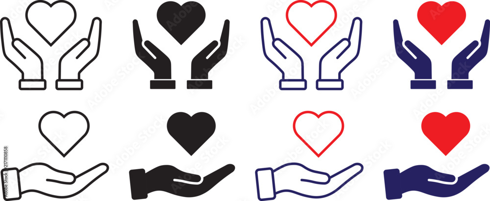 Fototapeta premium Hands holding heart icon set. Charity, donation, love, and care vector symbols. Hands holding heart icon vector set featuring love, healthcare, and donation symbols in flat