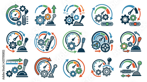 Dynamic Illustrated Gear and Gauge System Showing Various Mechanical Process Metrics with Colorful Arrows