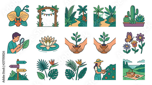 Dynamic Illustrated Collection of Vibrant Garden and Plant Themed Icons with People Nature and Gardening Tools