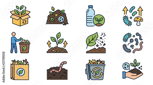 Dynamic Illustrated Guide to Composting and Soil Enrichment Process with Colorful Icons and Organic Elements
