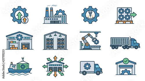 Dynamic Illustrated Guide to Modern Industrial Manufacturing and Logistics Process Flow with high quality professional line art symbols for modern creative design and digital branding projects
