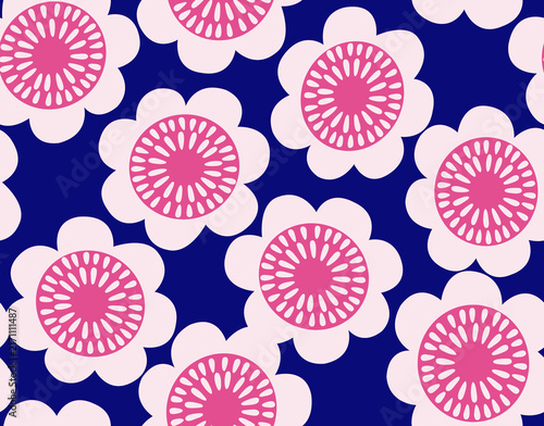 фотографія Seamless floral pattern with pink and blue geometric flower design on dark backg
