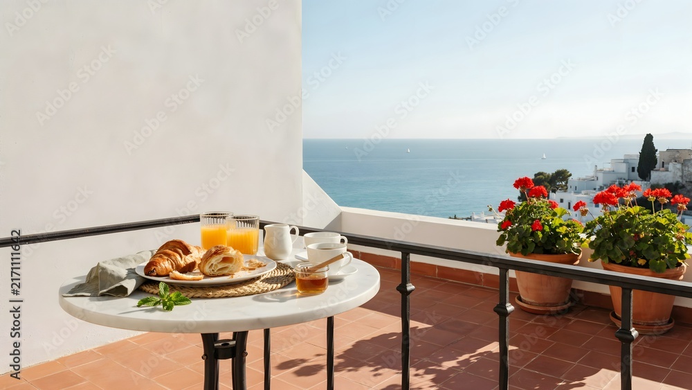 Naklejka premium Overlooking Ocean View Balcony with Breakfast Setting and Flower Pots