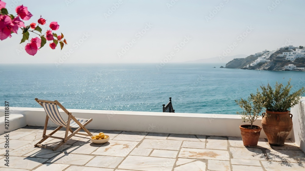 Naklejka premium Serene seaside balcony with wooden chair and potted plants overlooking ocean