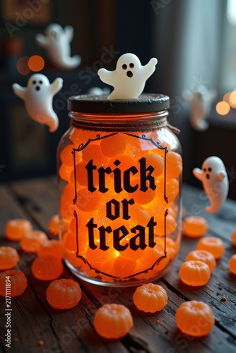Vertical shot of a glass jar with trick or treat text filled with orange sweets and surrounded by floating little white ghosts. For Halloween 
