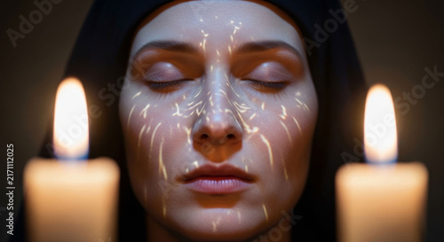 Medium in trance during séance with burning candles and mystical light patterns on the face for spiritual practice.