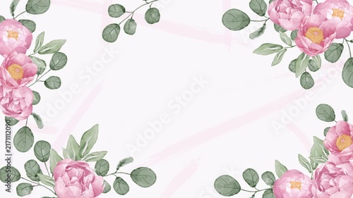 Elegant watercolor floral frame with pink peony flowers and green eucalyptus leaves.
