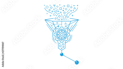 Data Filtration and Processing: An abstract illustration depicts a funnel with gears, symbolizing the process of filtering and refining raw data into organized information.