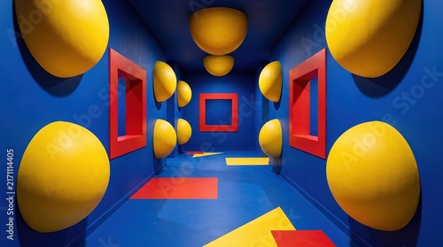 Abstract surreal blue room with yellow spheres and red frames 3D interior