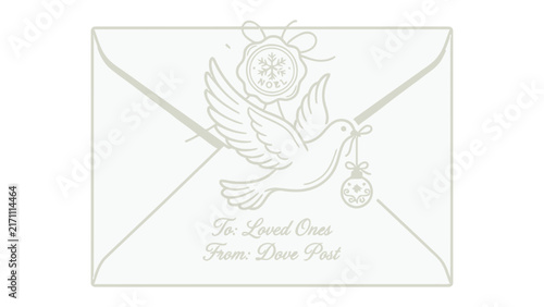 Dove Carrying a Message: An elegant, stylized illustration of a dove in flight, clutching a small decorative element in its beak, carrying a message from Dove Post to loved ones.