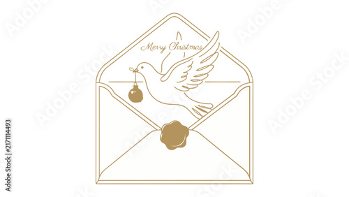 Christmas Dove Greeting: An elegant line drawing depicts a dove carrying a Christmas ornament, emerging from an open envelope sealed with wax, conveying a message of peace and holiday cheer.
