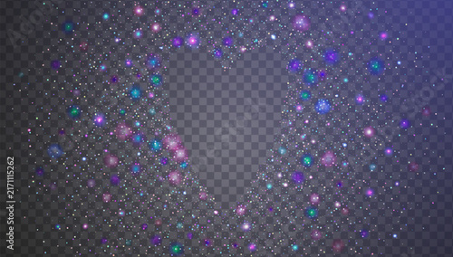 Glitter Sequins In Heart Shape. Purple Shiny Sparkles For Carnaval And Party. Hologram Valentine And Wedding Background. Iridescent Brilliant Light.  Pink Glitter Sequins For Love Concept