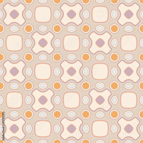 Abstract geometric seamless vector pattern.  Retro style shapes, including rounded squares, quatrefoils, and concentric circles in muted orange, mauve, and cream tones. 