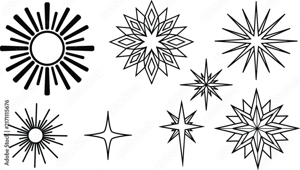 Obraz premium Geometric Sparkle Star and Sunburst Spark Icon Set for Retro Creative Graphic Designs