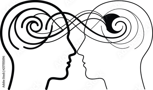 Foto Two Human Profiles Face to Face with Connected Brain Waves Vector Line Art Illus