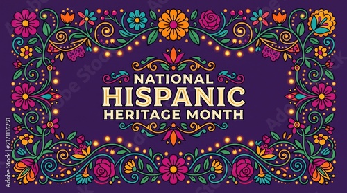 National Hispanic Heritage Month banner with ornate colorful folk art floral pattern