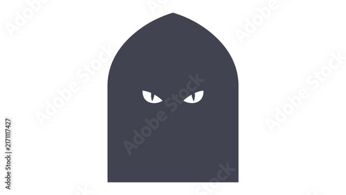 Bild auf Leinwand Mysterious Gaze: A shadowy figure shrouded in dark fabric with piercing white eyes looms, hinting at secrets and intrigue