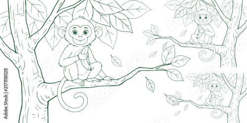Photography Cute Baby Monkey Cartoon Line Art