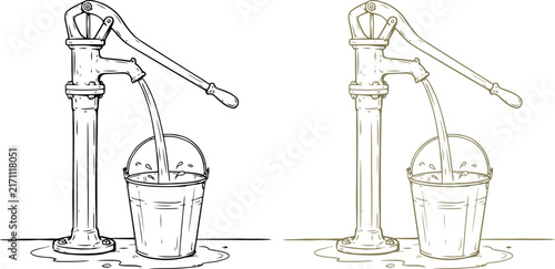 Hand water pump icon with bucket, sketch drawing of vintage mechanical well system, monochrome engineering symbol for agriculture, utility, and rural water supply.