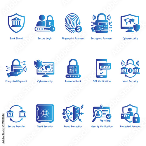 Banking Security and Cybersecurity Vector Icon Set, Modern Blue Gradient Bank Shield, Secure Login, Fingerprint Payment, Password Lock, OTP Verification, and Vault Security Symbols for UI