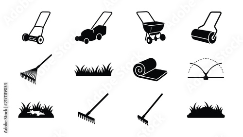 Lawn care tools and garden maintenance icons