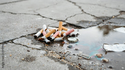 Cigarette butts and trash scattered on wet pavement with puddle and debris