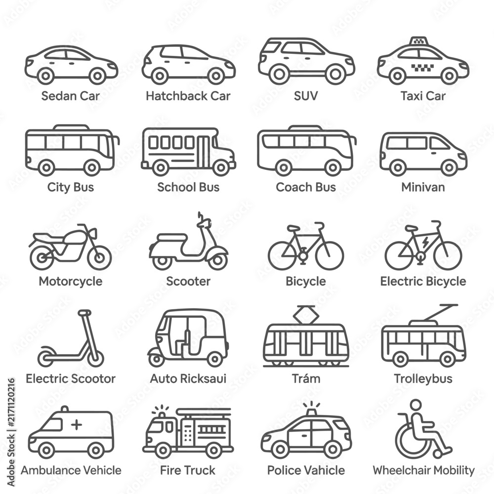 Obraz premium Comprehensive collection of transportation icons featuring various road vehicles, public transit, and mobility solutions in line