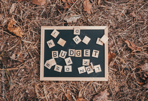 A chalkboard with Scrabble tiles spelling 'Budget' is placed on a ground covered with dry leaves and straw, suggesting financial planning and budgeting in a rustic setting.