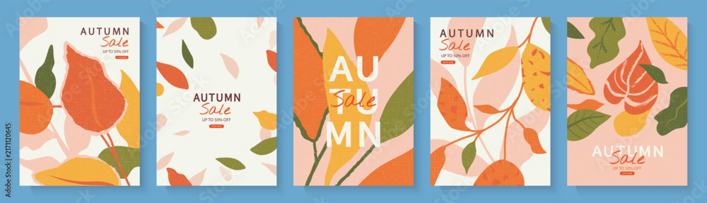 Naklejka premium Set of autumn sale card designs in modern flat style with grainy texture. Featuring stylized leaves and botanical elements for seasonal retail promotion and marketing, vector illustration.