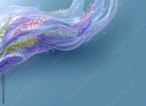 Abstract floral background with flowers and light airy waves.