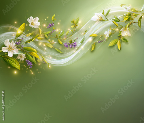 Abstract floral background with flowers and light airy waves.