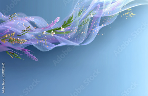 Abstract floral background with flowers and light airy waves.