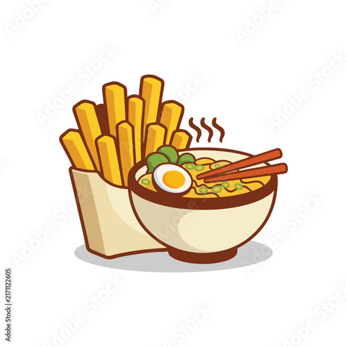 Ramen Bowl and French Fries Meal Illustration